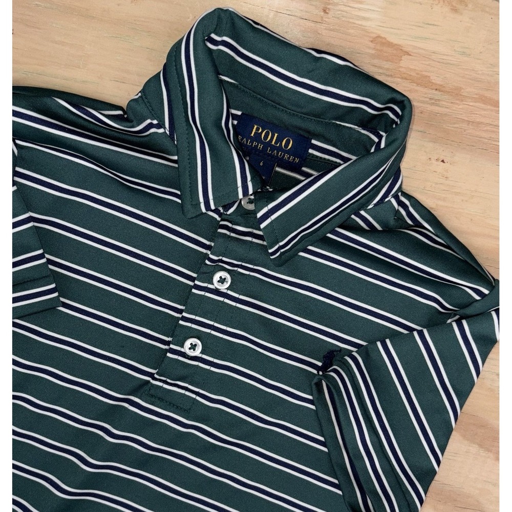 Polo Ralph Lauren Boys Performance Polo Shirt Striped Green Navy White Small 6